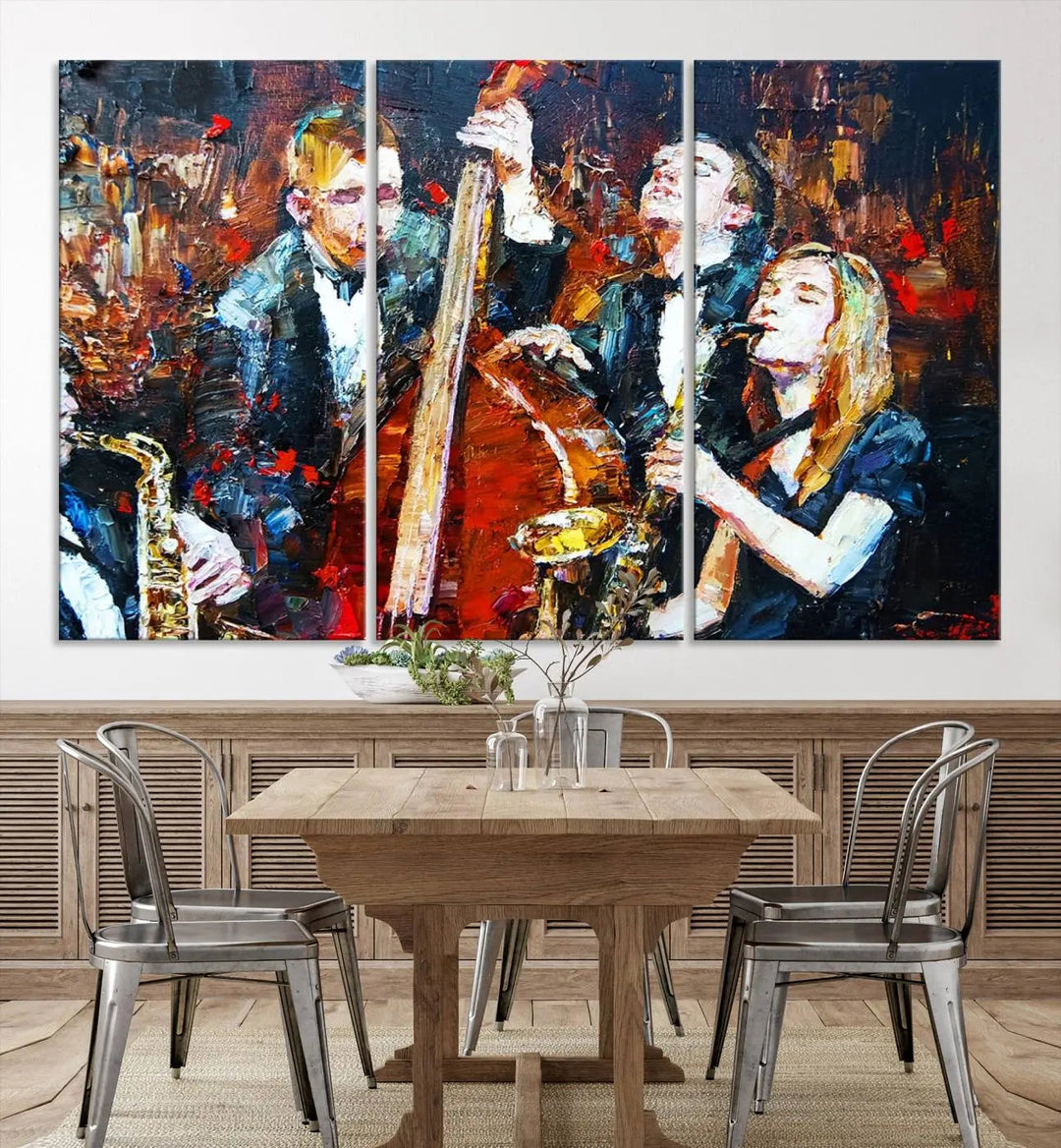 The Abstract Jazz Musician Wall Art Canvas Print, showcasing musicians playing saxophones and a double bass, is elegantly presented on the wall. This gallery-wrapped artwork is printed on museum-quality canvas and includes a UV-protective coating to maintain its lasting vibrancy.