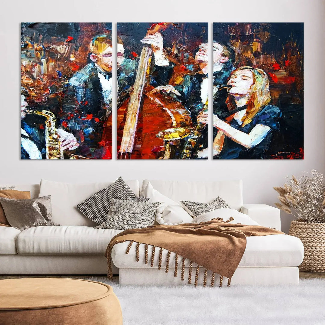 The Abstract Jazz Musician Wall Art Canvas Print, showcasing musicians playing saxophones and a double bass, is elegantly presented on the wall. This gallery-wrapped artwork is printed on museum-quality canvas and includes a UV-protective coating to maintain its lasting vibrancy.