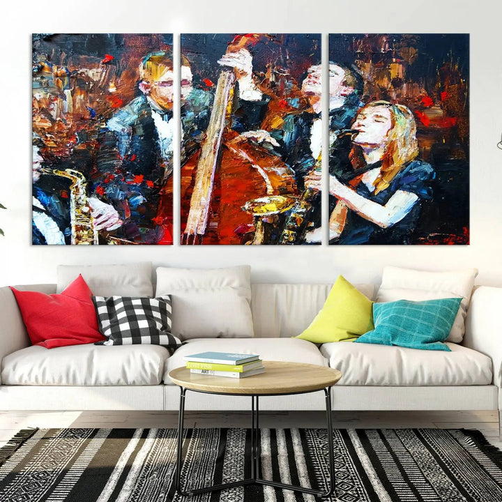 The Abstract Jazz Musician Wall Art Canvas Print, showcasing musicians playing saxophones and a double bass, is elegantly presented on the wall. This gallery-wrapped artwork is printed on museum-quality canvas and includes a UV-protective coating to maintain its lasting vibrancy.