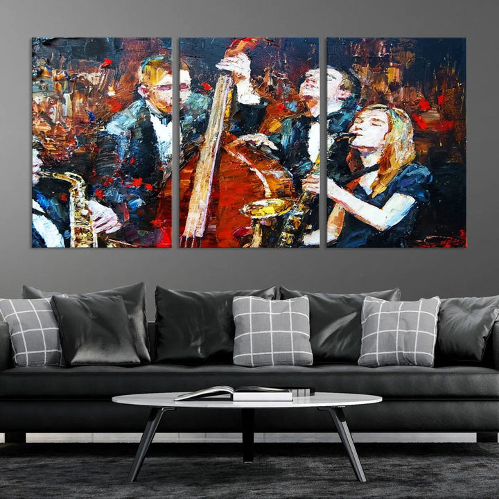 The Abstract Jazz Musician Wall Art Canvas Print, showcasing musicians playing saxophones and a double bass, is elegantly presented on the wall. This gallery-wrapped artwork is printed on museum-quality canvas and includes a UV-protective coating to maintain its lasting vibrancy.