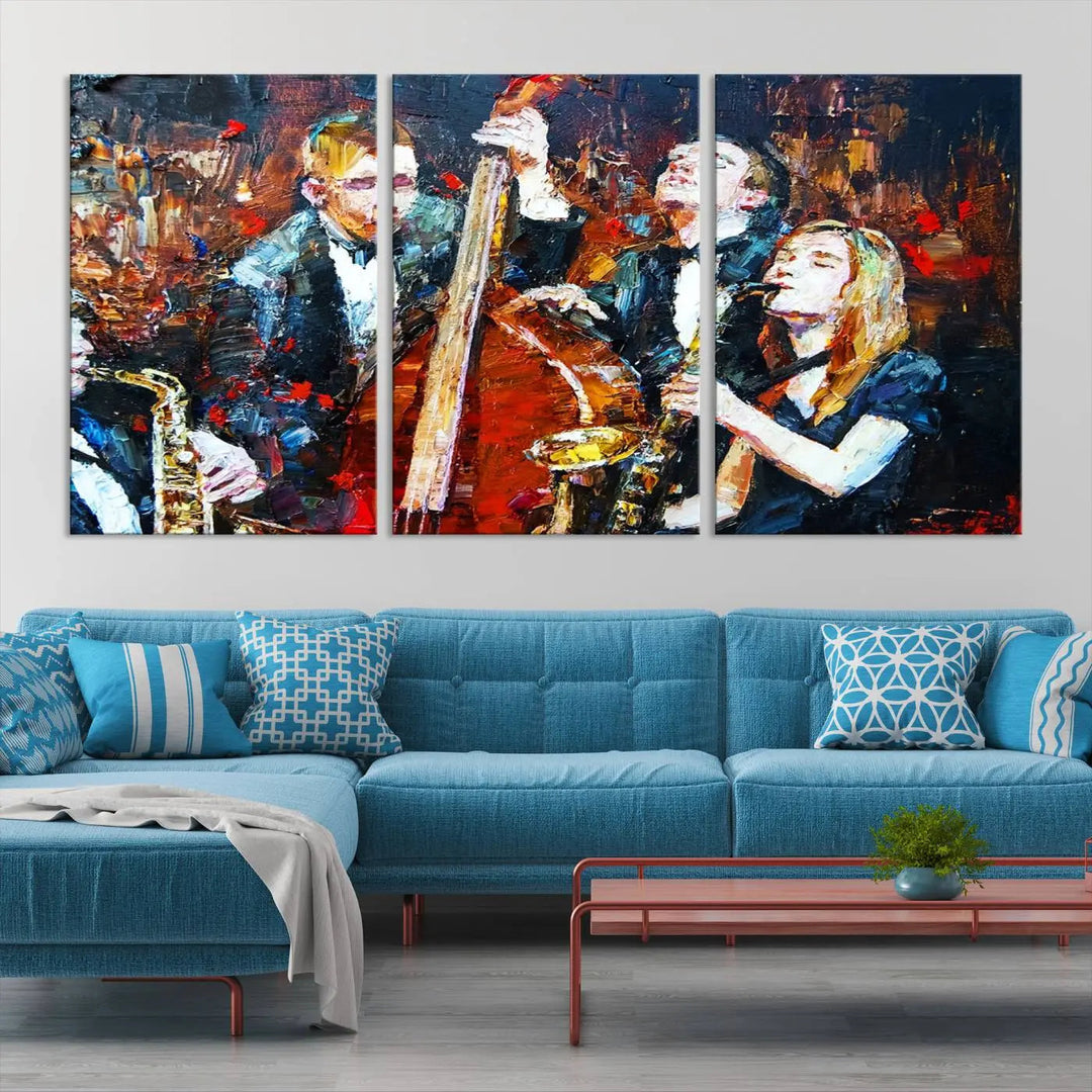 The Abstract Jazz Musician Wall Art Canvas Print, showcasing musicians playing saxophones and a double bass, is elegantly presented on the wall. This gallery-wrapped artwork is printed on museum-quality canvas and includes a UV-protective coating to maintain its lasting vibrancy.