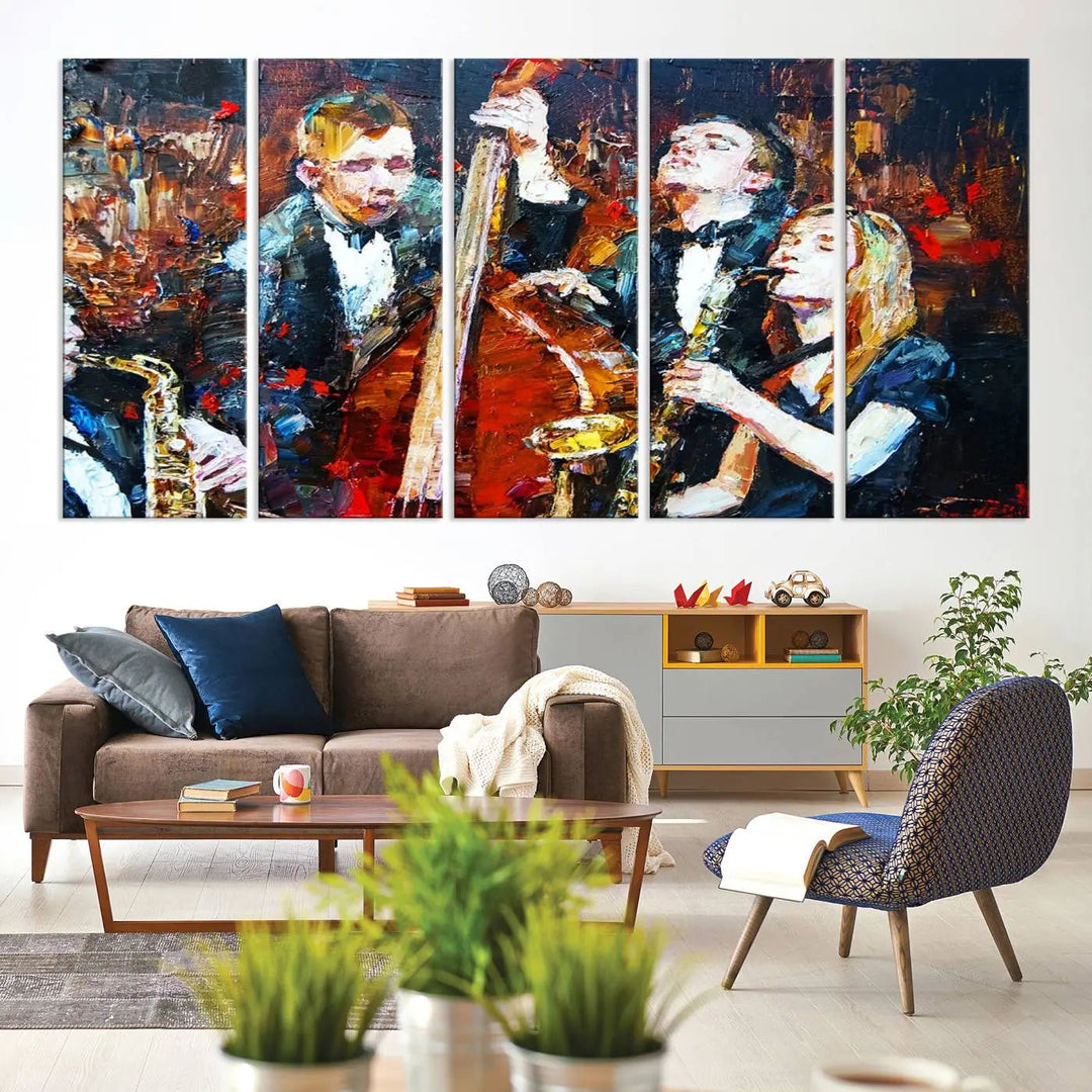 The Abstract Jazz Musician Wall Art Canvas Print, showcasing musicians playing saxophones and a double bass, is elegantly presented on the wall. This gallery-wrapped artwork is printed on museum-quality canvas and includes a UV-protective coating to maintain its lasting vibrancy.