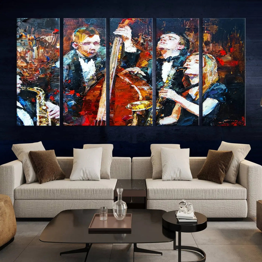 The Abstract Jazz Musician Wall Art Canvas Print, showcasing musicians playing saxophones and a double bass, is elegantly presented on the wall. This gallery-wrapped artwork is printed on museum-quality canvas and includes a UV-protective coating to maintain its lasting vibrancy.