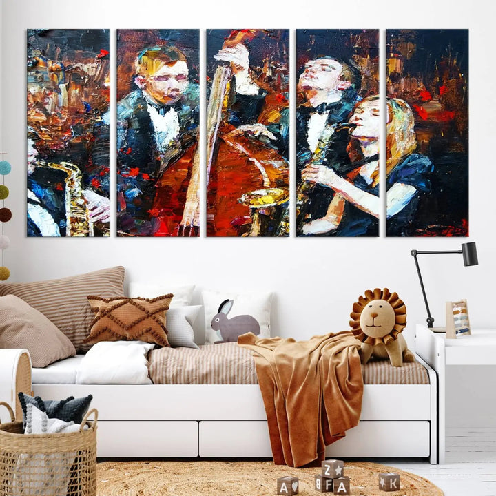 The Abstract Jazz Musician Wall Art Canvas Print, showcasing musicians playing saxophones and a double bass, is elegantly presented on the wall. This gallery-wrapped artwork is printed on museum-quality canvas and includes a UV-protective coating to maintain its lasting vibrancy.