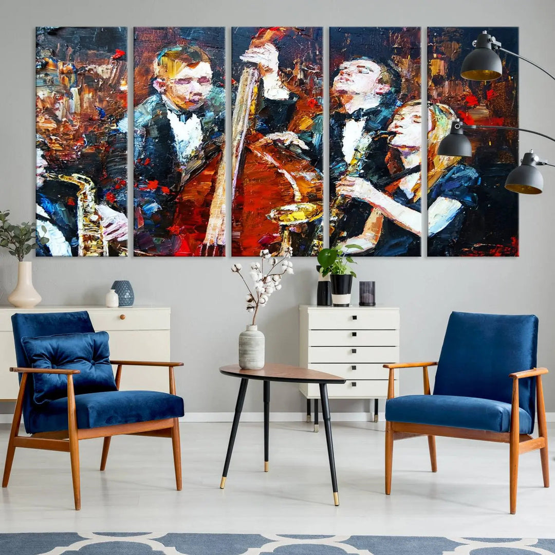 The Abstract Jazz Musician Wall Art Canvas Print, showcasing musicians playing saxophones and a double bass, is elegantly presented on the wall. This gallery-wrapped artwork is printed on museum-quality canvas and includes a UV-protective coating to maintain its lasting vibrancy.