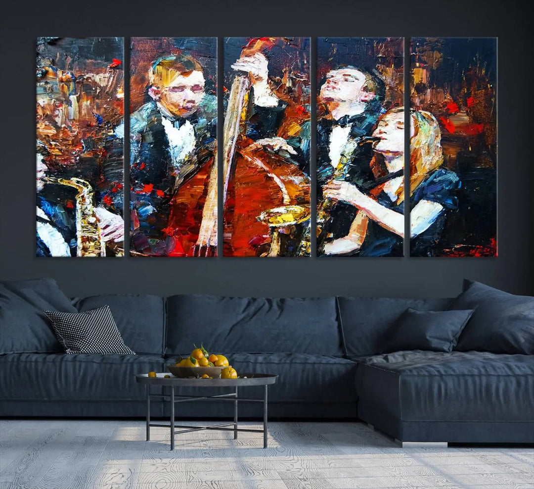 The Abstract Jazz Musician Wall Art Canvas Print, showcasing musicians playing saxophones and a double bass, is elegantly presented on the wall. This gallery-wrapped artwork is printed on museum-quality canvas and includes a UV-protective coating to maintain its lasting vibrancy.