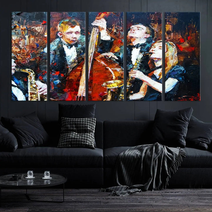 The Abstract Jazz Musician Wall Art Canvas Print, showcasing musicians playing saxophones and a double bass, is elegantly presented on the wall. This gallery-wrapped artwork is printed on museum-quality canvas and includes a UV-protective coating to maintain its lasting vibrancy.