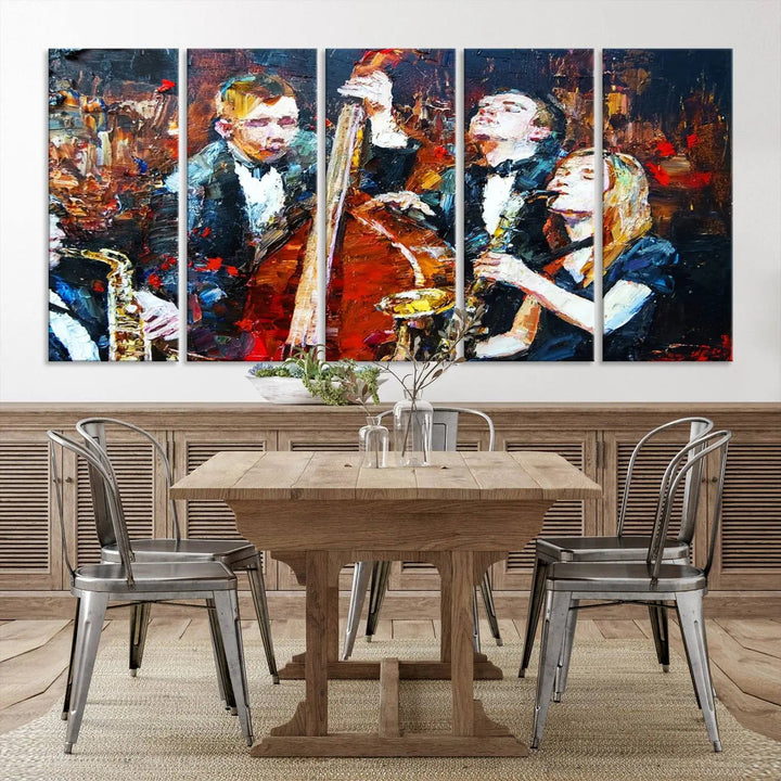 The Abstract Jazz Musician Wall Art Canvas Print, showcasing musicians playing saxophones and a double bass, is elegantly presented on the wall. This gallery-wrapped artwork is printed on museum-quality canvas and includes a UV-protective coating to maintain its lasting vibrancy.