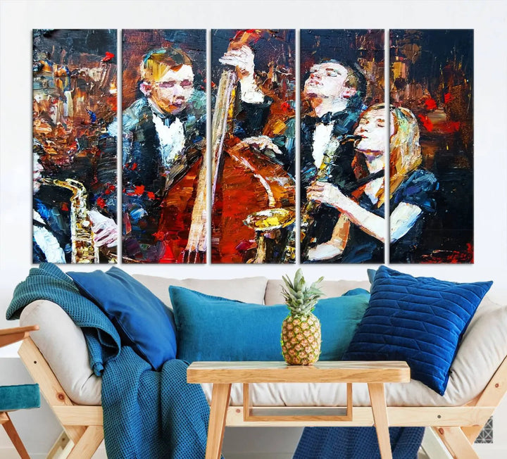 The Abstract Jazz Musician Wall Art Canvas Print, showcasing musicians playing saxophones and a double bass, is elegantly presented on the wall. This gallery-wrapped artwork is printed on museum-quality canvas and includes a UV-protective coating to maintain its lasting vibrancy.