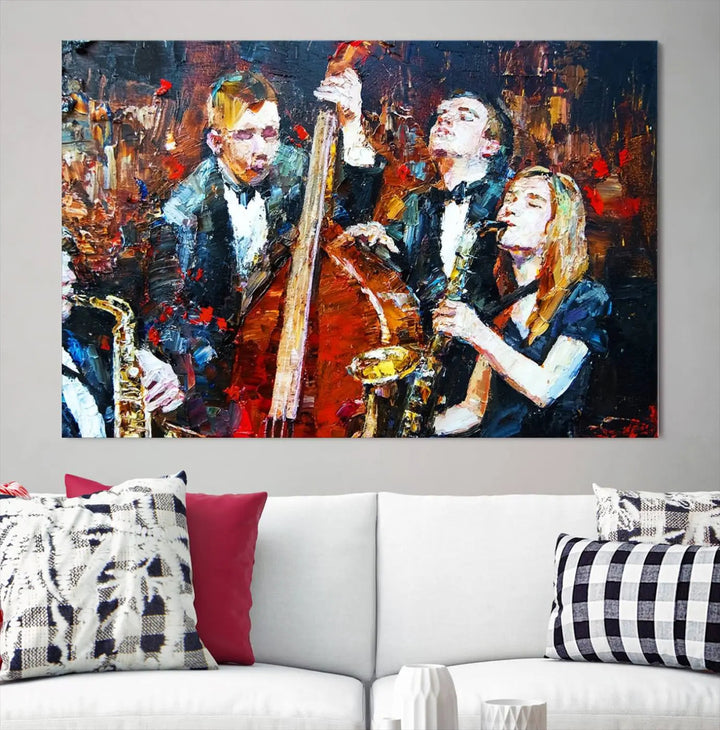 The Abstract Jazz Musician Wall Art Canvas Print, showcasing musicians playing saxophones and a double bass, is elegantly presented on the wall. This gallery-wrapped artwork is printed on museum-quality canvas and includes a UV-protective coating to maintain its lasting vibrancy.