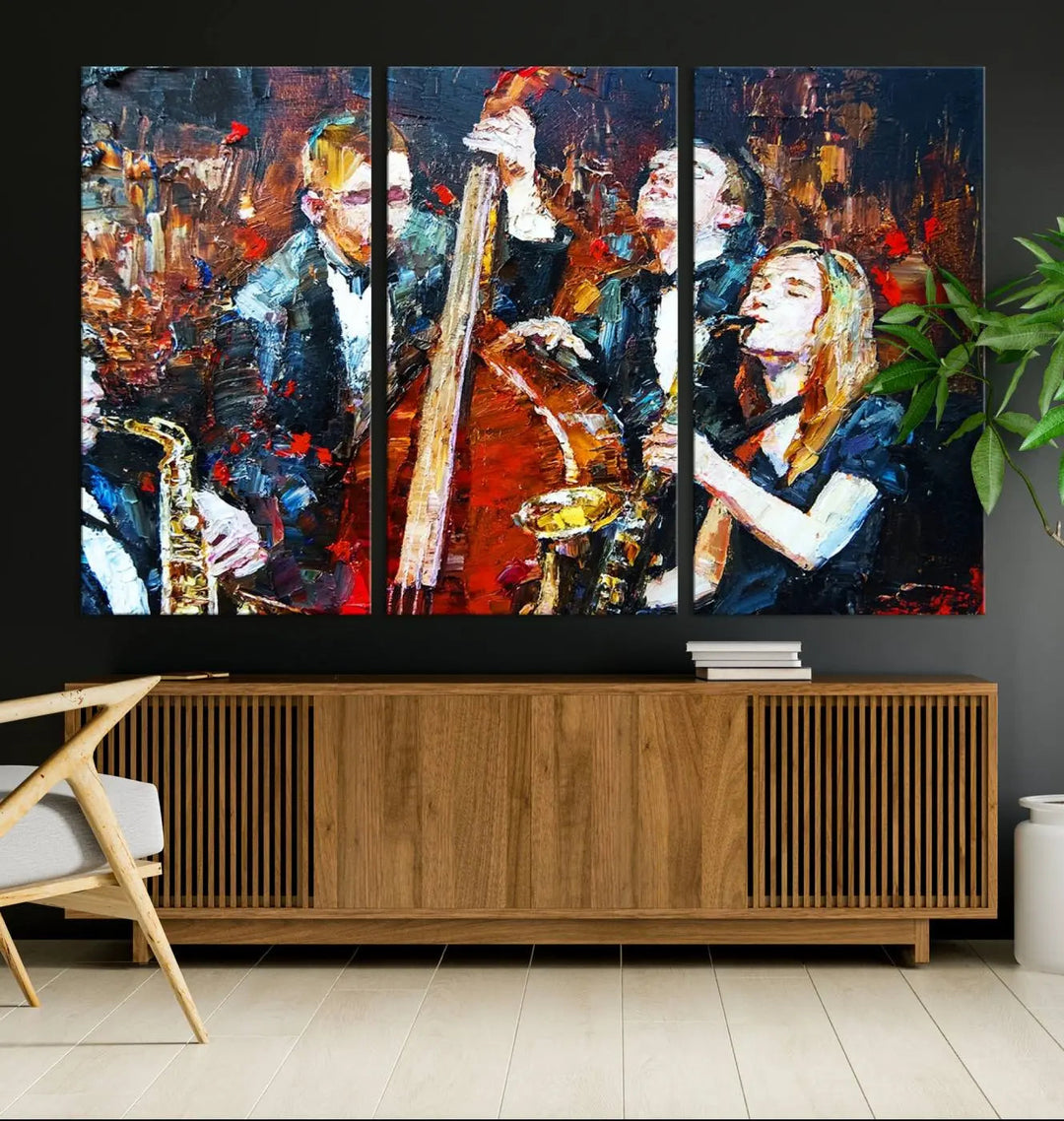 The Abstract Jazz Musician Wall Art Canvas Print, showcasing musicians playing saxophones and a double bass, is elegantly presented on the wall. This gallery-wrapped artwork is printed on museum-quality canvas and includes a UV-protective coating to maintain its lasting vibrancy.