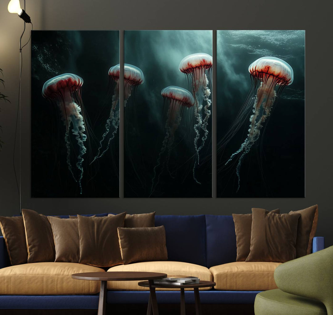 The Abstract Jellyfish Wall Art Canvas Print, framed in the USA and showcased on museum-quality canvas with high-resolution printing, adds a decorative touch to the space.