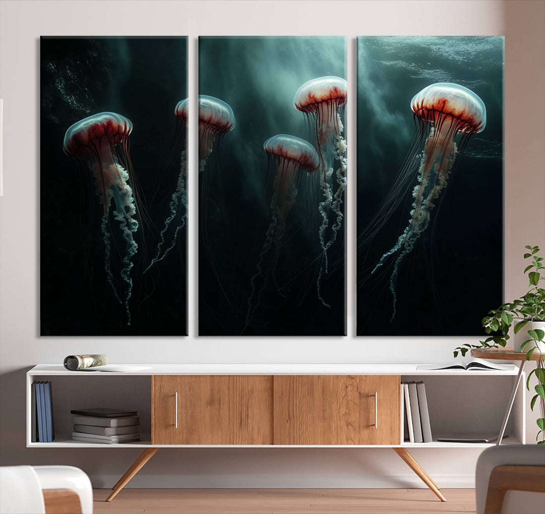 The Abstract Jellyfish Wall Art Canvas Print, framed in the USA and showcased on museum-quality canvas with high-resolution printing, adds a decorative touch to the space.