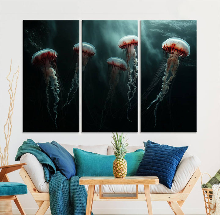 The Abstract Jellyfish Wall Art Canvas Print, framed in the USA and showcased on museum-quality canvas with high-resolution printing, adds a decorative touch to the space.