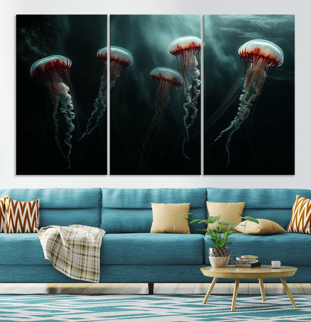 The Abstract Jellyfish Wall Art Canvas Print, framed in the USA and showcased on museum-quality canvas with high-resolution printing, adds a decorative touch to the space.