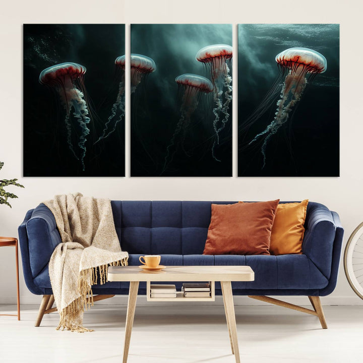 The Abstract Jellyfish Wall Art Canvas Print, framed in the USA and showcased on museum-quality canvas with high-resolution printing, adds a decorative touch to the space.