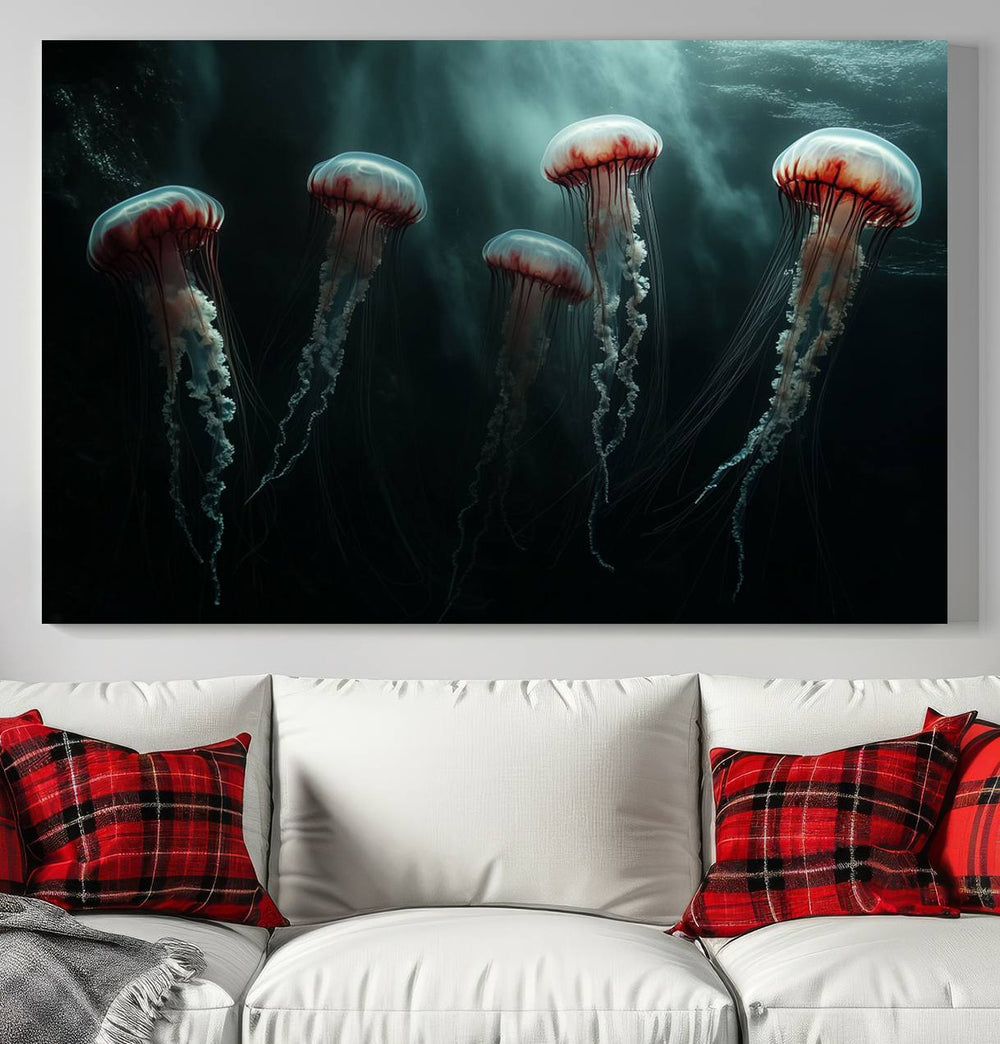 The Abstract Jellyfish Wall Art Canvas Print, framed in the USA and showcased on museum-quality canvas with high-resolution printing, adds a decorative touch to the space.