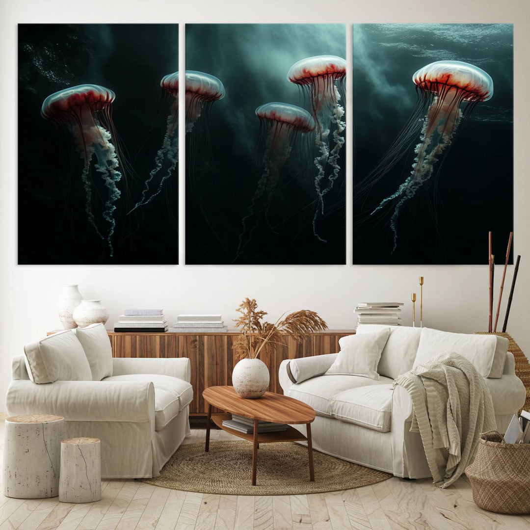 The Abstract Jellyfish Wall Art Canvas Print, framed in the USA and showcased on museum-quality canvas with high-resolution printing, adds a decorative touch to the space.