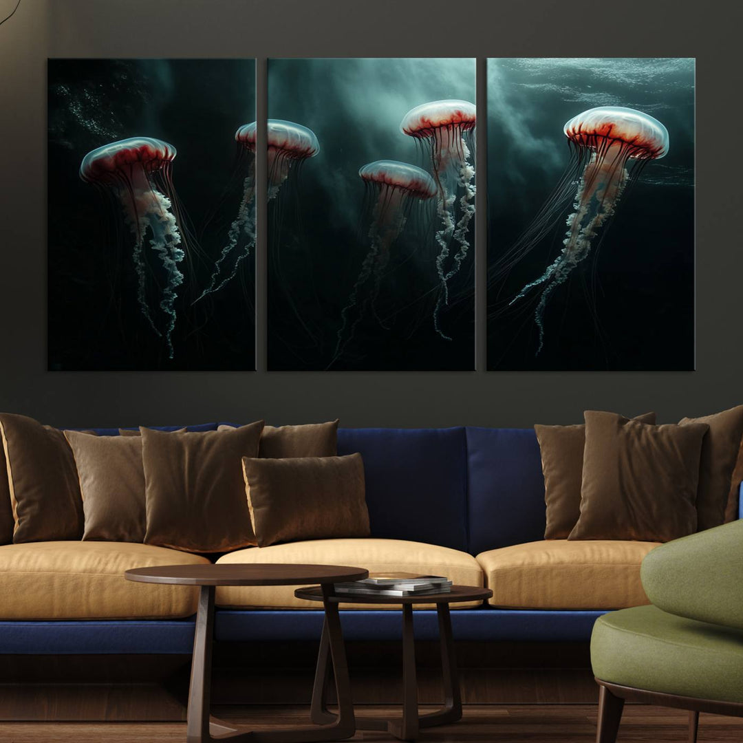 The Abstract Jellyfish Wall Art Canvas Print, framed in the USA and showcased on museum-quality canvas with high-resolution printing, adds a decorative touch to the space.