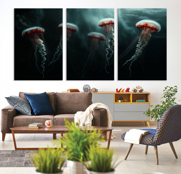 The Abstract Jellyfish Wall Art Canvas Print, framed in the USA and showcased on museum-quality canvas with high-resolution printing, adds a decorative touch to the space.