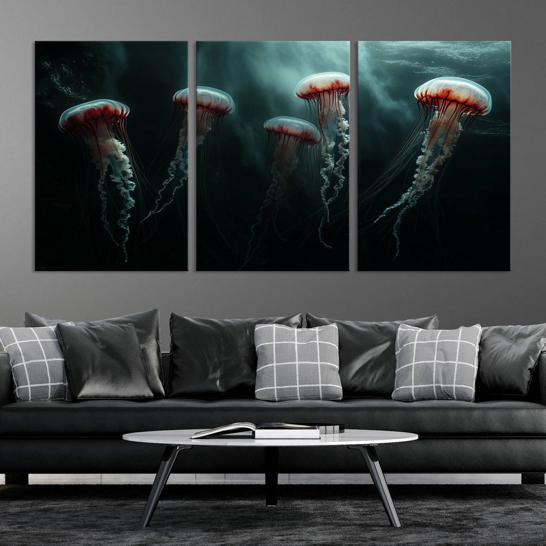 The Abstract Jellyfish Wall Art Canvas Print, framed in the USA and showcased on museum-quality canvas with high-resolution printing, adds a decorative touch to the space.