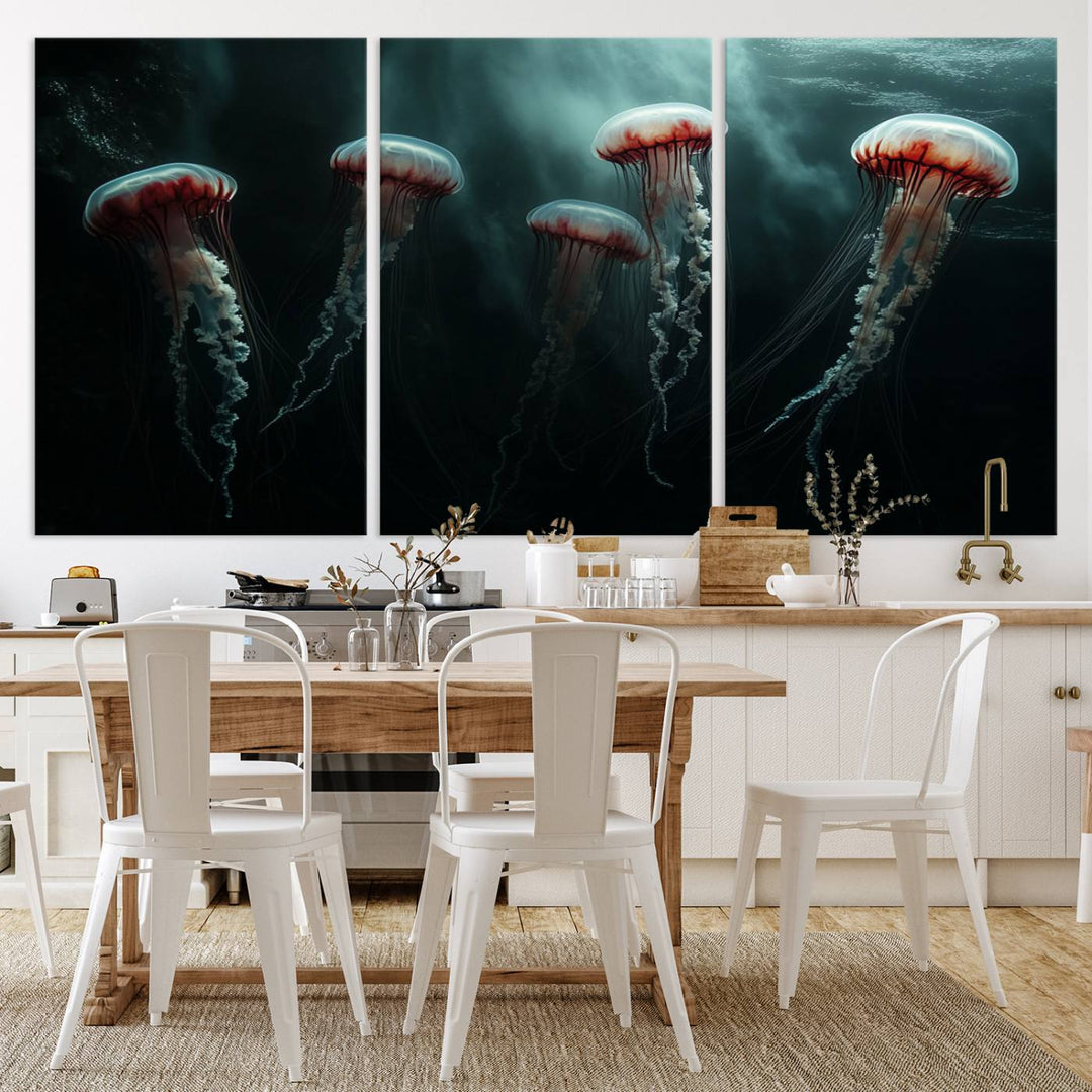 The Abstract Jellyfish Wall Art Canvas Print, framed in the USA and showcased on museum-quality canvas with high-resolution printing, adds a decorative touch to the space.