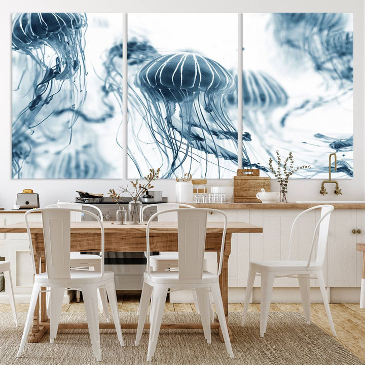 The "Abstract Jellyfish Wall Art Canvas Print" in high resolution is beautifully displayed as a triptych on a dark wall. Experience museum-quality canvas and enjoy free shipping with this stunning piece.