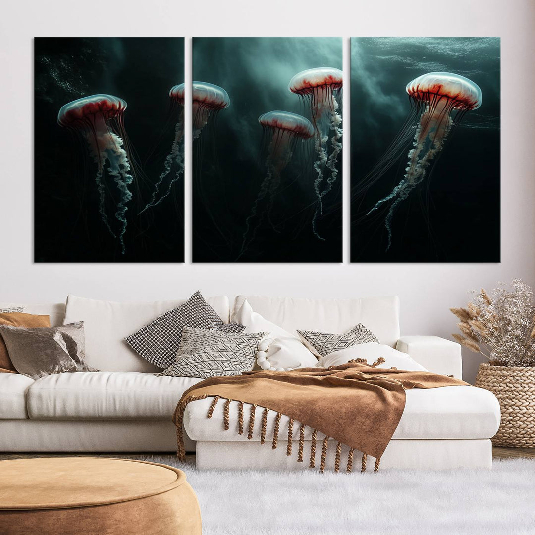 The Abstract Jellyfish Wall Art Canvas Print, framed in the USA and showcased on museum-quality canvas with high-resolution printing, adds a decorative touch to the space.