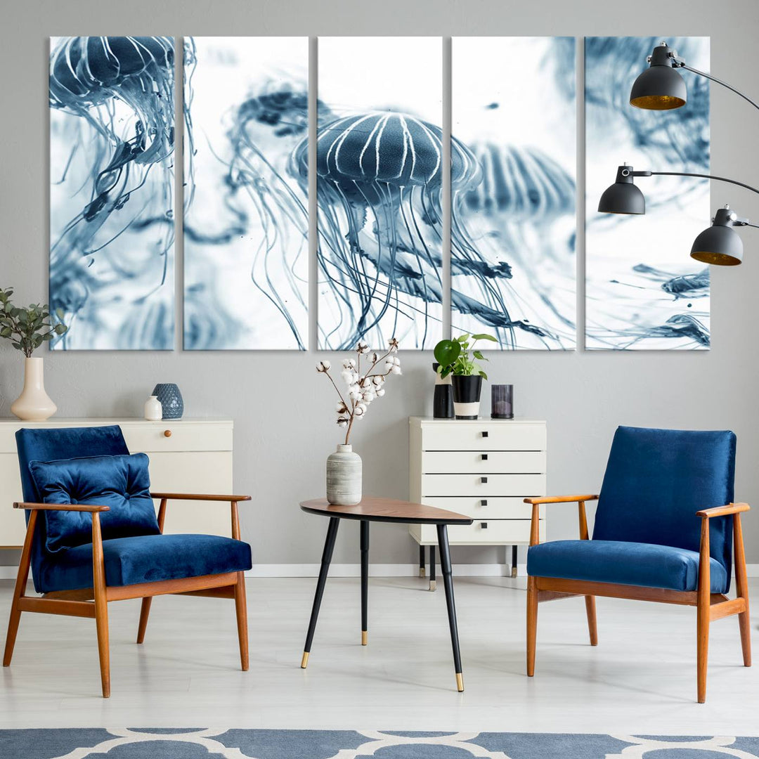 The "Abstract Jellyfish Wall Art Canvas Print" in high resolution is beautifully displayed as a triptych on a dark wall. Experience museum-quality canvas and enjoy free shipping with this stunning piece.