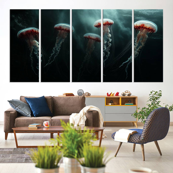 The Abstract Jellyfish Wall Art Canvas Print, framed in the USA and showcased on museum-quality canvas with high-resolution printing, adds a decorative touch to the space.