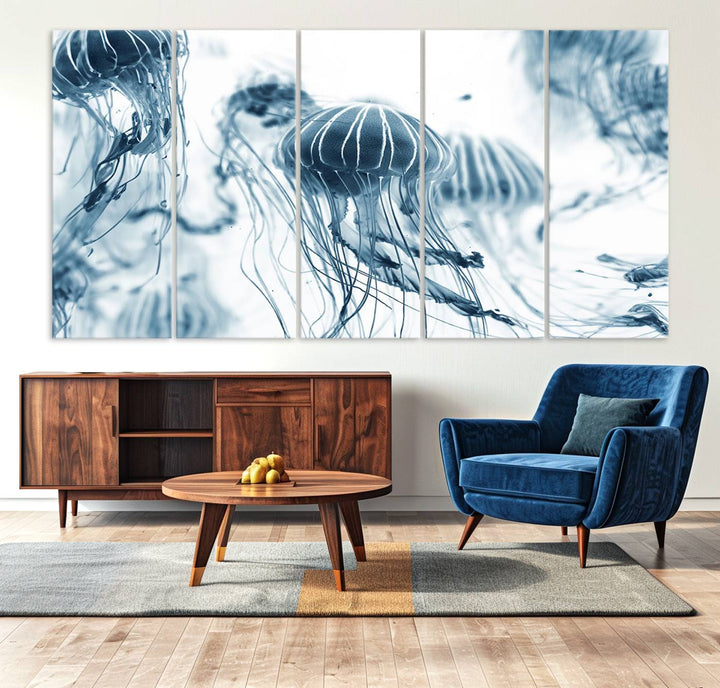 The "Abstract Jellyfish Wall Art Canvas Print" in high resolution is beautifully displayed as a triptych on a dark wall. Experience museum-quality canvas and enjoy free shipping with this stunning piece.