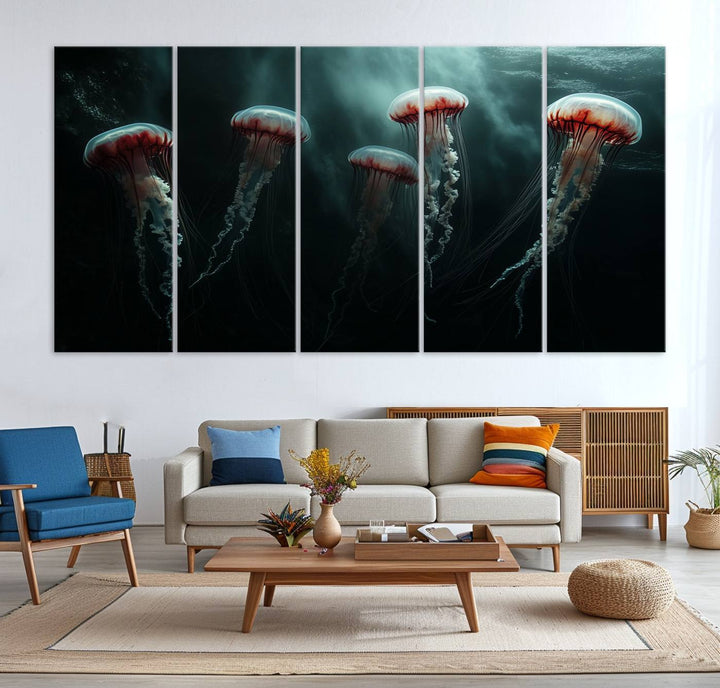 The Abstract Jellyfish Wall Art Canvas Print, framed in the USA and showcased on museum-quality canvas with high-resolution printing, adds a decorative touch to the space.