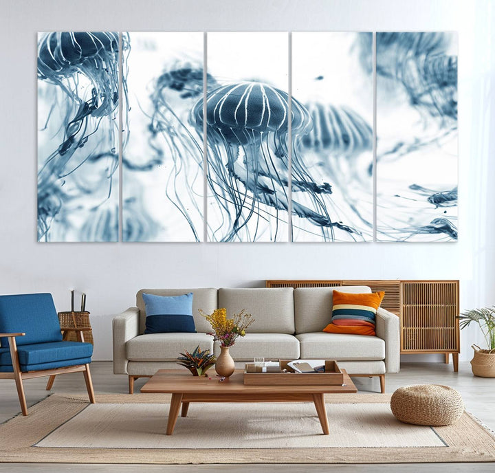 The "Abstract Jellyfish Wall Art Canvas Print" in high resolution is beautifully displayed as a triptych on a dark wall. Experience museum-quality canvas and enjoy free shipping with this stunning piece.