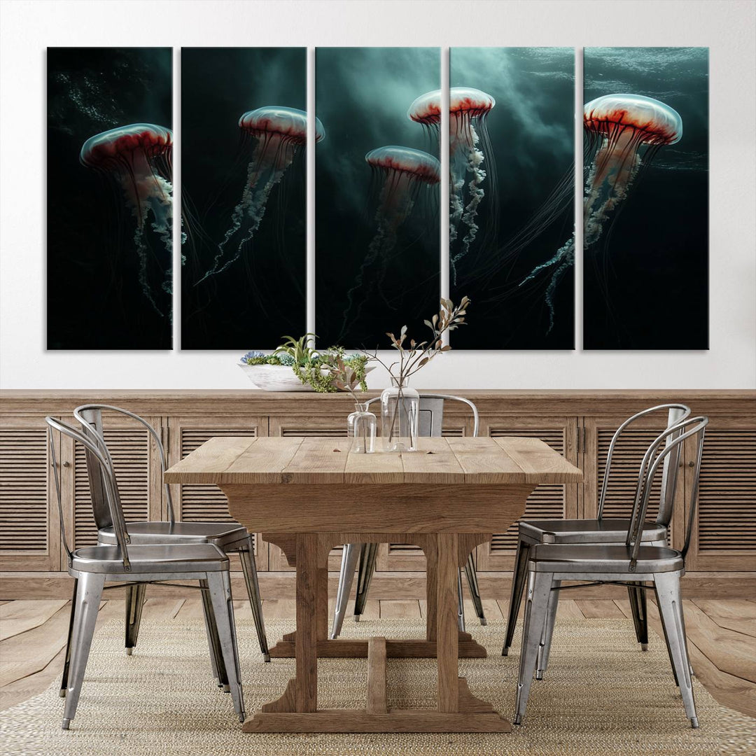 The Abstract Jellyfish Wall Art Canvas Print, framed in the USA and showcased on museum-quality canvas with high-resolution printing, adds a decorative touch to the space.