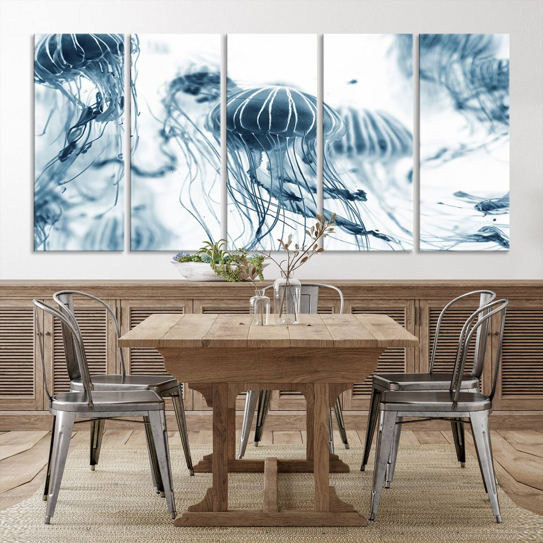 The "Abstract Jellyfish Wall Art Canvas Print" in high resolution is beautifully displayed as a triptych on a dark wall. Experience museum-quality canvas and enjoy free shipping with this stunning piece.