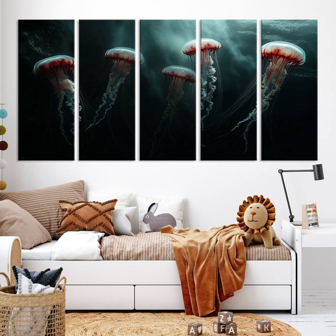 The Abstract Jellyfish Wall Art Canvas Print, framed in the USA and showcased on museum-quality canvas with high-resolution printing, adds a decorative touch to the space.