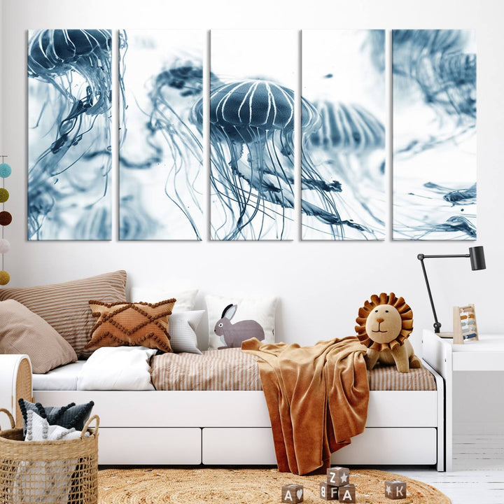 The "Abstract Jellyfish Wall Art Canvas Print" in high resolution is beautifully displayed as a triptych on a dark wall. Experience museum-quality canvas and enjoy free shipping with this stunning piece.