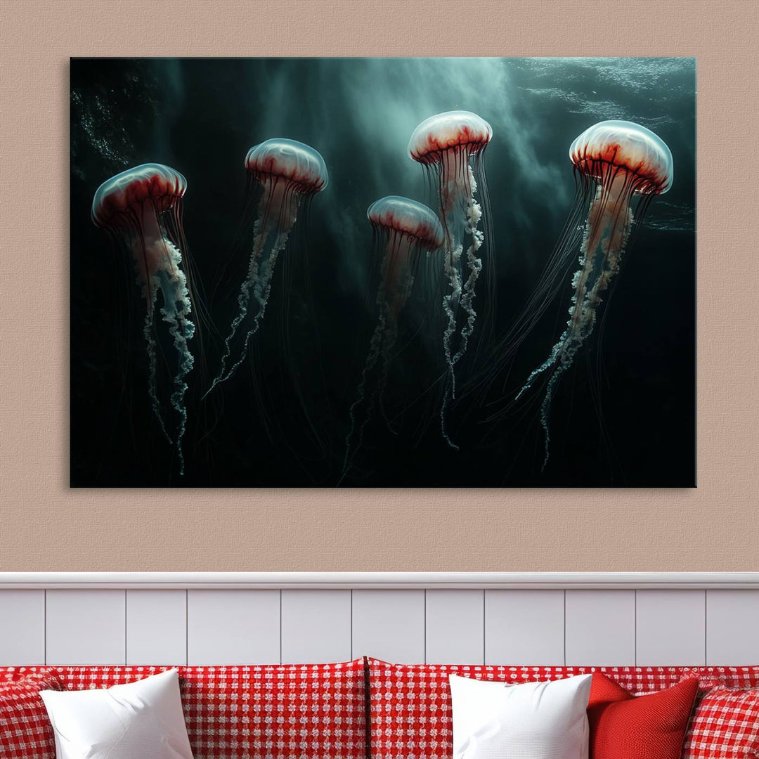 The Abstract Jellyfish Wall Art Canvas Print, framed in the USA and showcased on museum-quality canvas with high-resolution printing, adds a decorative touch to the space.