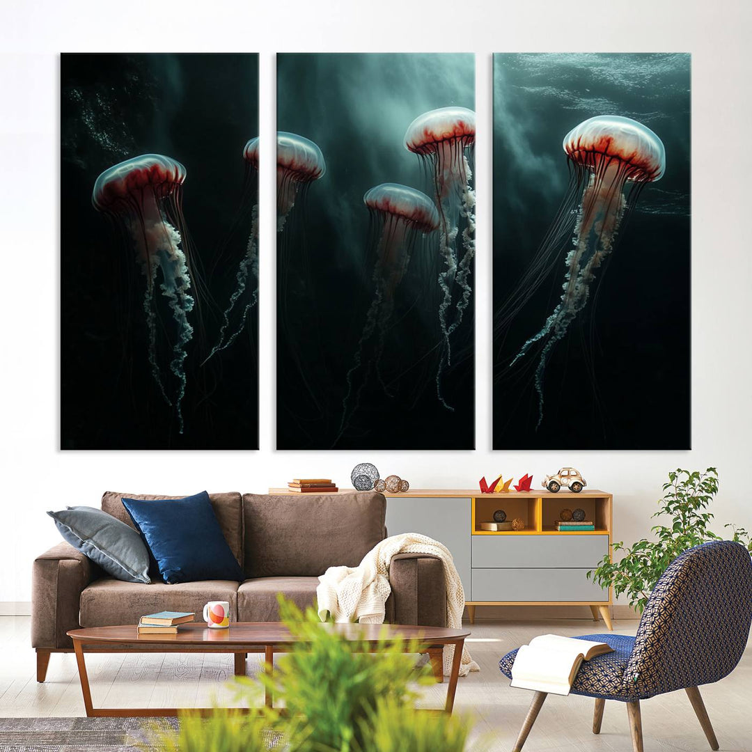 The Abstract Jellyfish Wall Art Canvas Print, framed in the USA and showcased on museum-quality canvas with high-resolution printing, adds a decorative touch to the space.