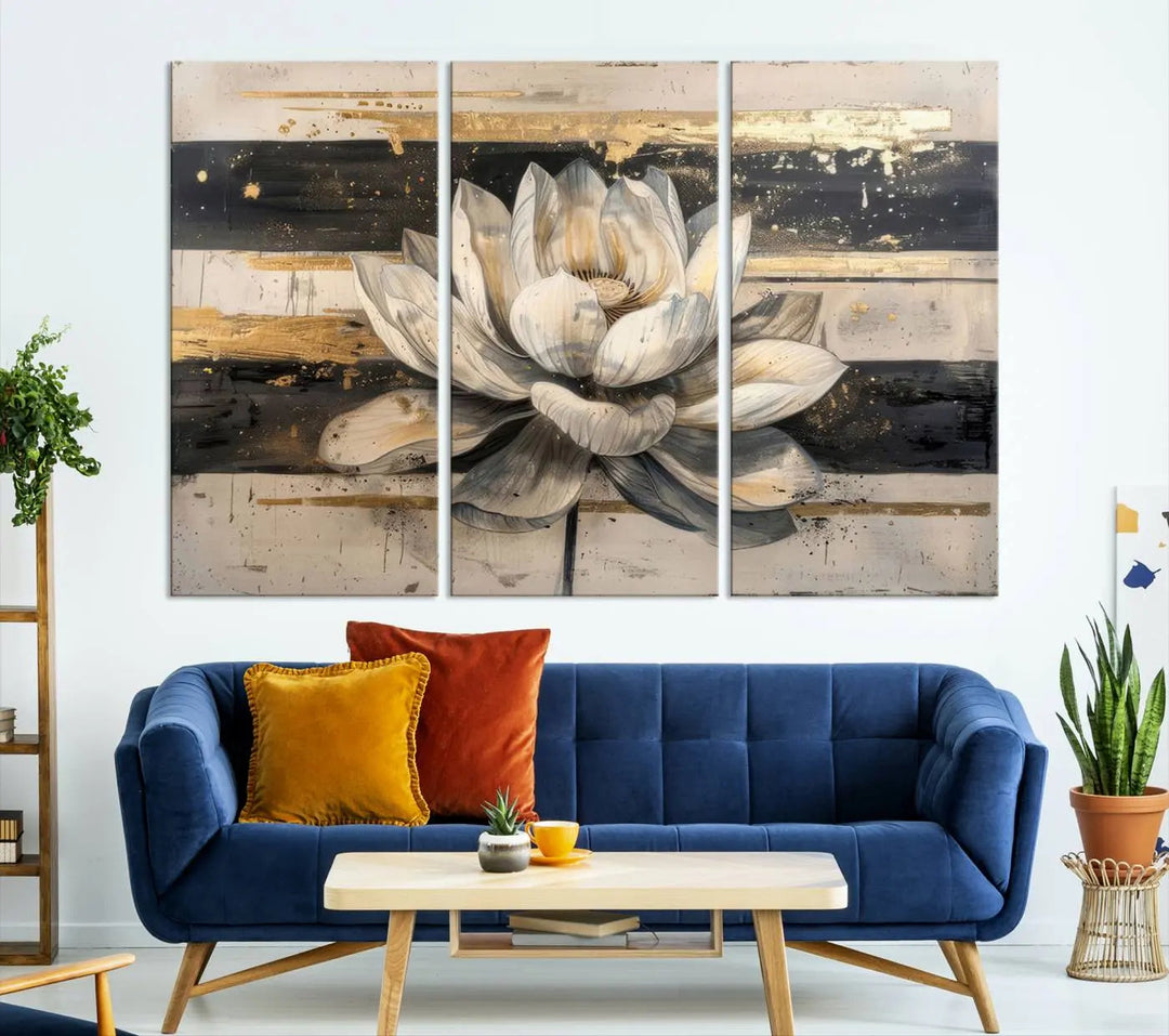 The Abstract Lotus Flower Wall Art Canvas Print, designed for a meditation or yoga room, brings elegance to any space with its stunning three-panel depiction of a lotus flower featuring gold accents. It is an exemplary piece of modern luxury.