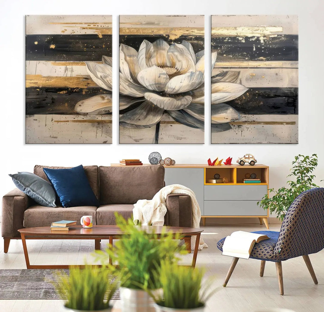 The Abstract Lotus Flower Wall Art Canvas Print, designed for a meditation or yoga room, brings elegance to any space with its stunning three-panel depiction of a lotus flower featuring gold accents. It is an exemplary piece of modern luxury.