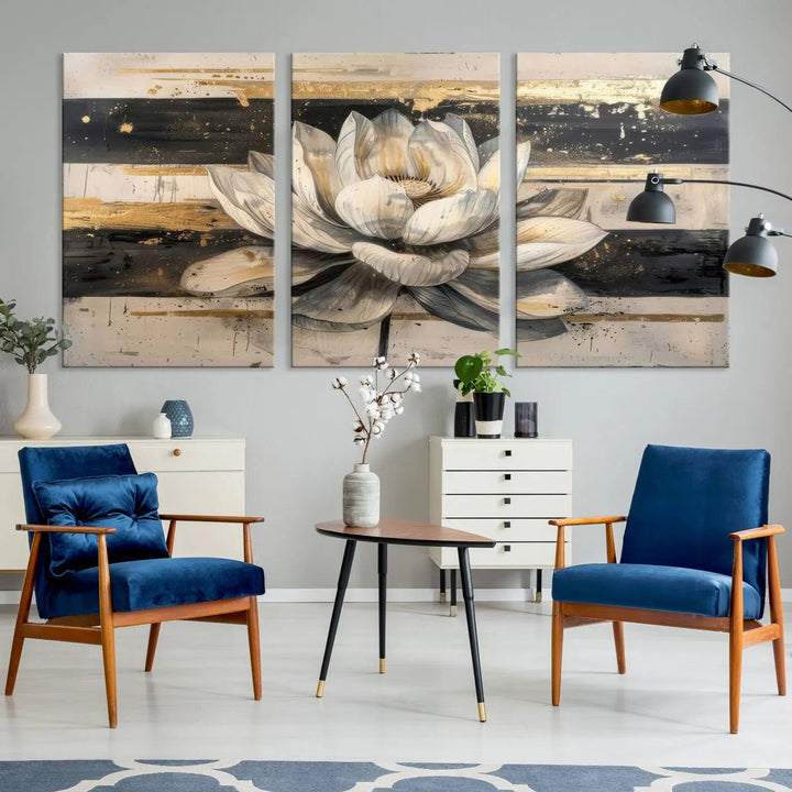 The Abstract Lotus Flower Wall Art Canvas Print, designed for a meditation or yoga room, brings elegance to any space with its stunning three-panel depiction of a lotus flower featuring gold accents. It is an exemplary piece of modern luxury.