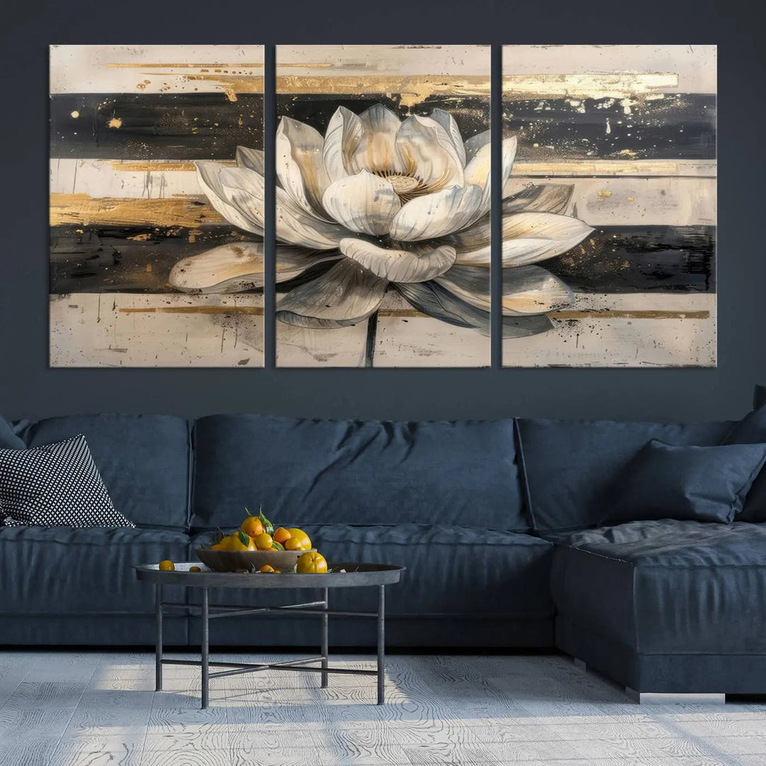 The Abstract Lotus Flower Wall Art Canvas Print, designed for a meditation or yoga room, brings elegance to any space with its stunning three-panel depiction of a lotus flower featuring gold accents. It is an exemplary piece of modern luxury.