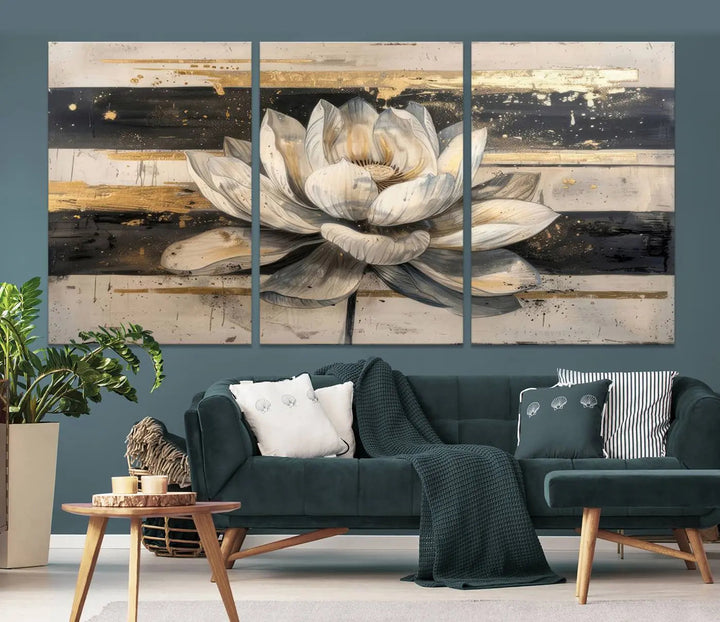 The Abstract Lotus Flower Wall Art Canvas Print, designed for a meditation or yoga room, brings elegance to any space with its stunning three-panel depiction of a lotus flower featuring gold accents. It is an exemplary piece of modern luxury.