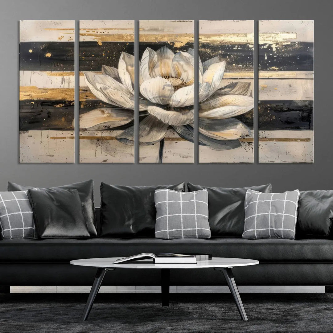 The Abstract Lotus Flower Wall Art Canvas Print, designed for a meditation or yoga room, brings elegance to any space with its stunning three-panel depiction of a lotus flower featuring gold accents. It is an exemplary piece of modern luxury.