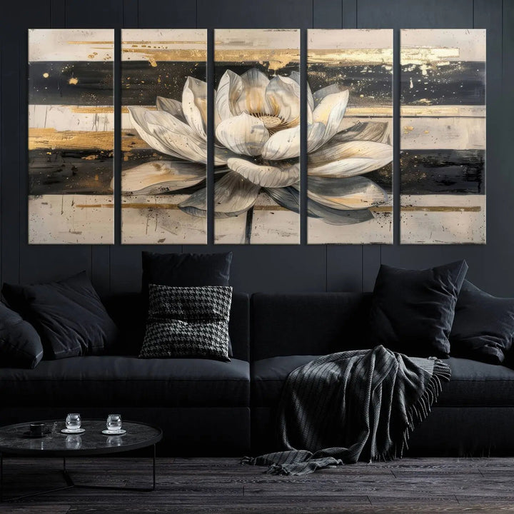 The Abstract Lotus Flower Wall Art Canvas Print, designed for a meditation or yoga room, brings elegance to any space with its stunning three-panel depiction of a lotus flower featuring gold accents. It is an exemplary piece of modern luxury.