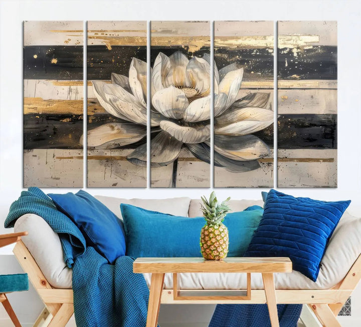 The Abstract Lotus Flower Wall Art Canvas Print, designed for a meditation or yoga room, brings elegance to any space with its stunning three-panel depiction of a lotus flower featuring gold accents. It is an exemplary piece of modern luxury.