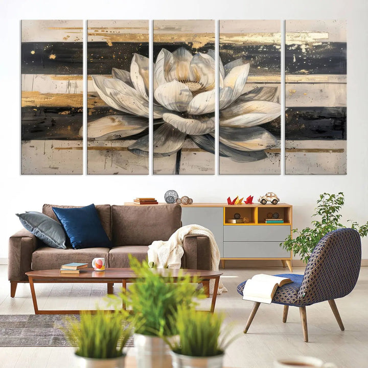 The Abstract Lotus Flower Wall Art Canvas Print, designed for a meditation or yoga room, brings elegance to any space with its stunning three-panel depiction of a lotus flower featuring gold accents. It is an exemplary piece of modern luxury.