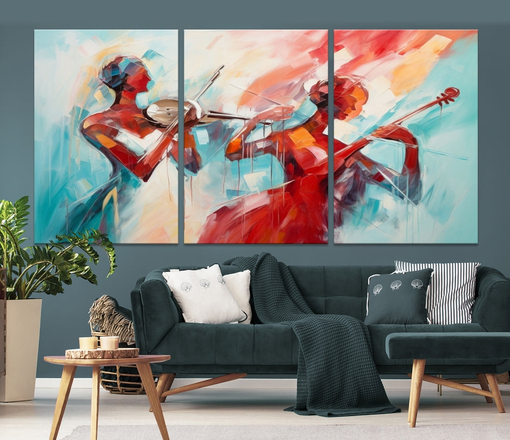 A modern living room showcases the Abstract Musician African American Women Wall Art, elegantly housed in a handcrafted frame with UV-protective coating. It is set against museum-quality canvas backdrops.