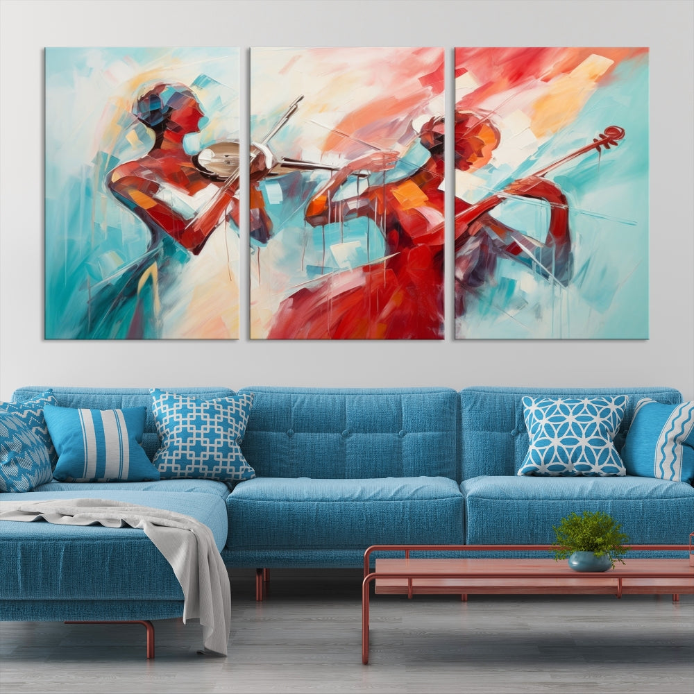 A modern living room showcases the Abstract Musician African American Women Wall Art, elegantly housed in a handcrafted frame with UV-protective coating. It is set against museum-quality canvas backdrops.